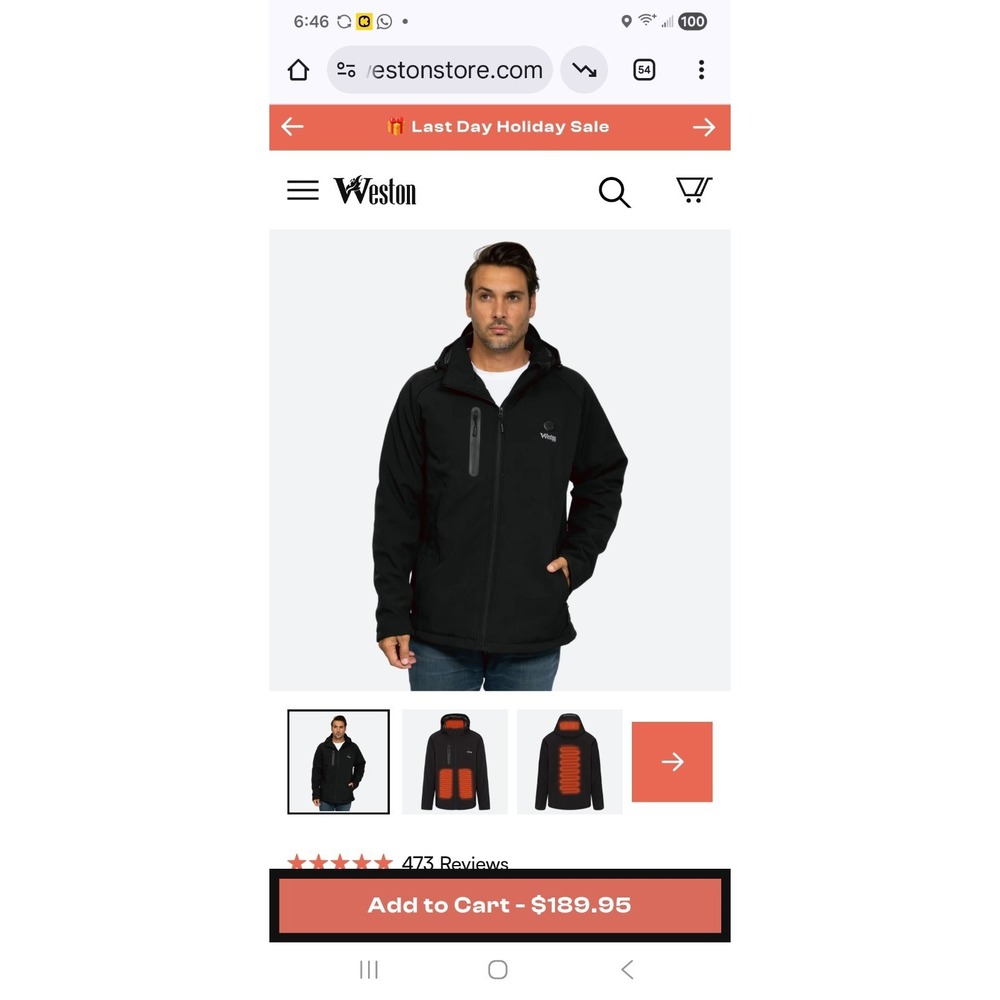 Weston Men`s Heat Jacket Electric Coat w/ 7.4V 4800 mAH Battery,‎ 4 Heating Zone